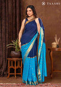Blue And Navy Blue Half And Half Crepe Saree With Zari Border - Taashi