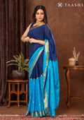 Blue And Navy Blue Half And Half Crepe Saree With Zari Border - Taashi
