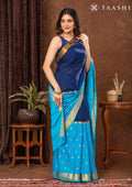 Blue And Navy Blue Half And Half Crepe Saree With Zari Border - Taashi