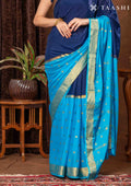 Blue And Navy Blue Half And Half Crepe Saree With Zari Border - Taashi