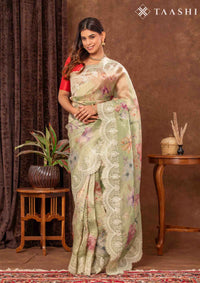 Pastel Dusty Green Tissue Printed Embroidered Saree