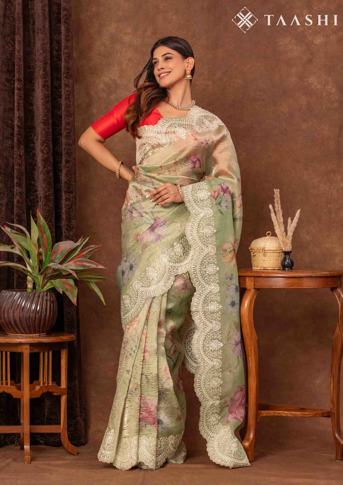 Pastel Dusty Green Tissue Printed Embroidered Saree