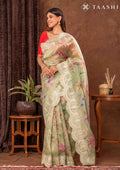 Pista Green Floral Printed Tissue Saree - Taashi