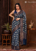 Indigo Floral Printed Chanderi Saree - Taashi