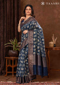 Indigo Floral Printed Chanderi Saree - Taashi