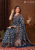 Indigo Floral Printed Chanderi Saree - Taashi