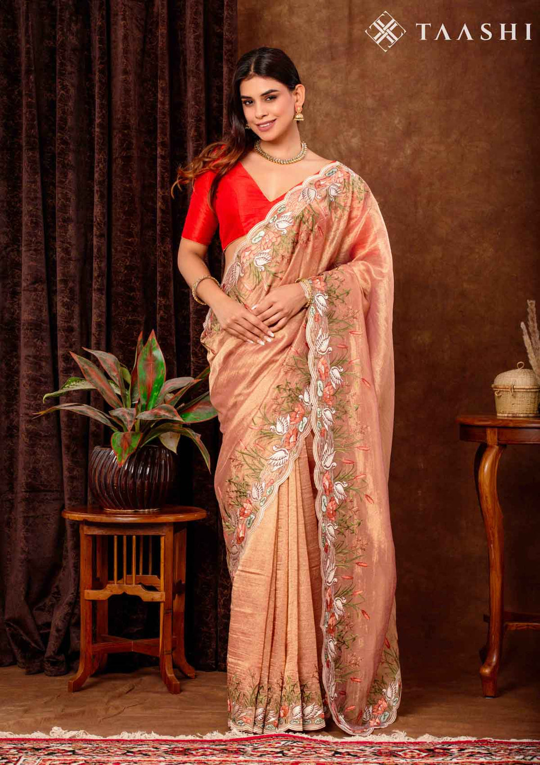 Copper Tissue Contemporary Embroidered Saree