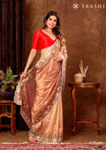 Peach Swan EmbroideRed Curvy Edge BordeRed Tissue Saree - Taashi