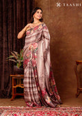 Brown Floral Printed And Zari Striped Tussar Saree - Taashi