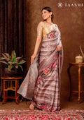 Brown Floral Printed And Zari Striped Tussar Saree - Taashi
