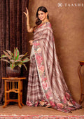 Brown Floral Printed And Zari Striped Tussar Saree - Taashi
