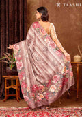 Brown Floral Printed And Zari Striped Tussar Saree - Taashi