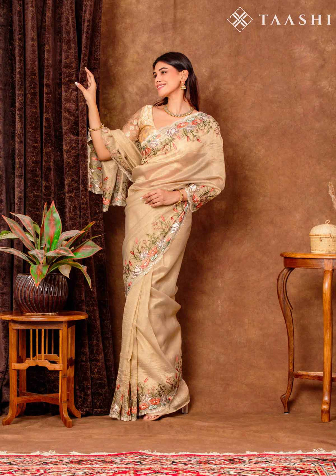 Beige Tissue Contemporary Embroidered Saree