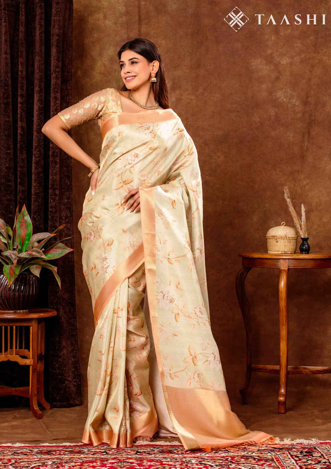 Pastel Yellow Tissue Contemporary Printed Saree