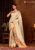 Orange And Pastel Green Floral Printed Tissue Organza Saree - Taashi