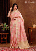 Pink And Golden Floral Printed Tissue Organza Saree - Taashi