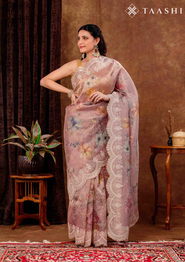 Pastel Dusty Pink Tissue Printed Embroidered Saree