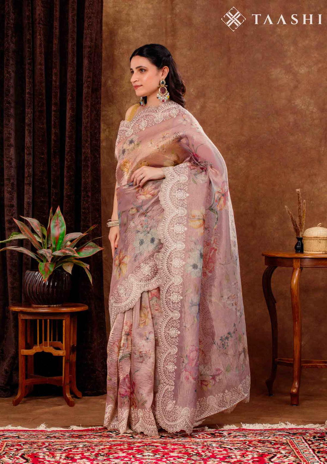 Pastel Dusty Pink Tissue Printed Embroidered Saree