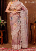 Pastel Pink Floral Printed And EmbroideRed Tissue Saree - Taashi