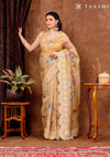 Pastel Yellow Tissue Printed Embroidered Saree