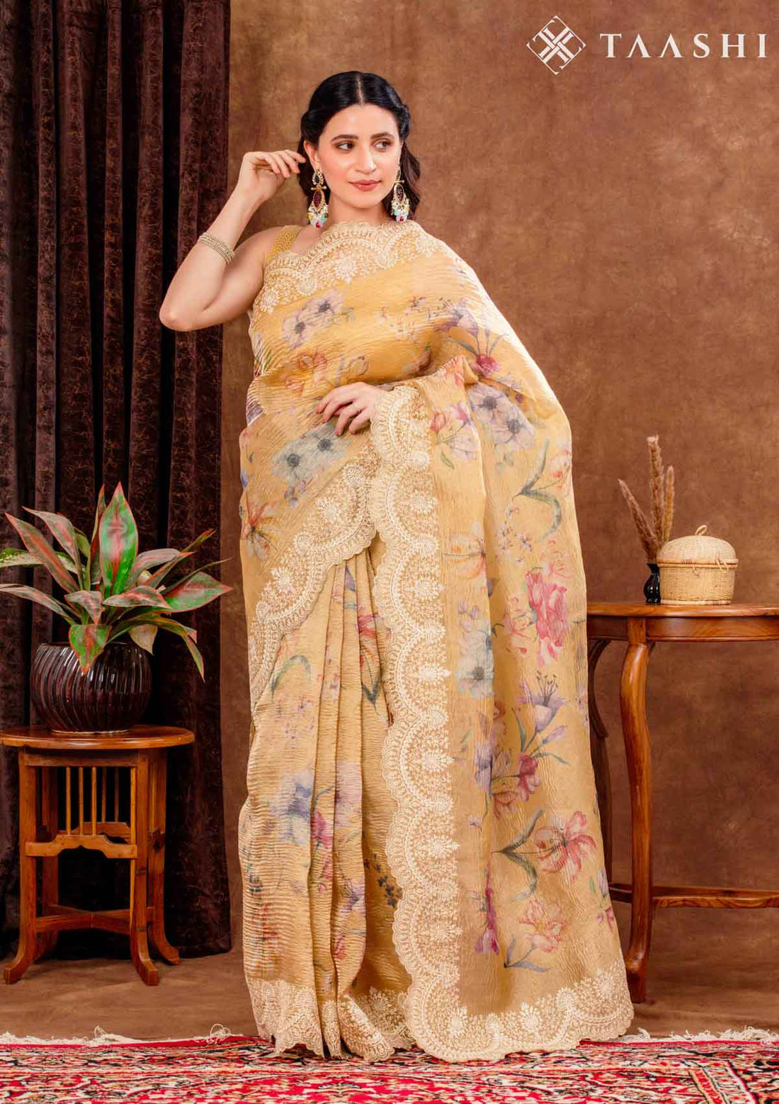 Pastel Yellow Tissue Printed Embroidered Saree