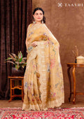 Golden Yellow Floral Printed And EmbroideRed Tissue Saree - Taashi