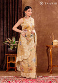 Golden Yellow Floral Printed And EmbroideRed Tissue Saree - Taashi