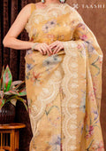 Golden Yellow Floral Printed And EmbroideRed Tissue Saree - Taashi