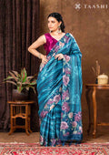 Dark Blue Floral Printed And Zari Striped Tussar Saree - Taashi