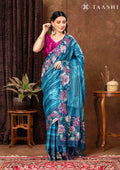 Dark Blue Floral Printed And Zari Striped Tussar Saree - Taashi