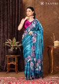 Dark Blue Floral Printed And Zari Striped Tussar Saree - Taashi