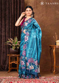 Dark Blue Floral Printed And Zari Striped Tussar Saree - Taashi