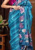 Dark Blue Floral Printed And Zari Striped Tussar Saree - Taashi