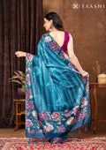 Dark Blue Floral Printed And Zari Striped Tussar Saree - Taashi