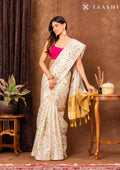 Cream And Yellow Muticolor Watercolor Floral Organza Saree - Taashi