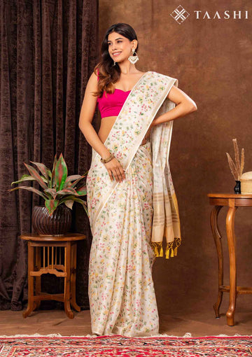Cream Organza Contemporary Printed Saree