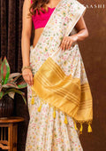 Cream And Yellow Muticolor Watercolor Floral Organza Saree - Taashi