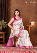OffWhite And Violet Floral Printed Tissue Organza Saree - Taashi
