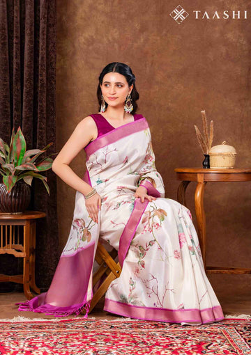 Cream Tissue Contemporary Printed Saree