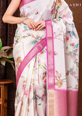 OffWhite And Violet Floral Printed Tissue Organza Saree - Taashi