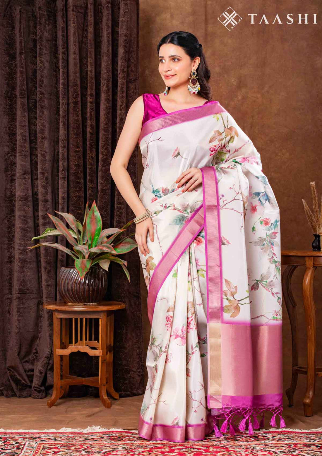 Cream Tissue Contemporary Printed Saree