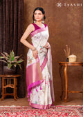 OffWhite And Violet Floral Printed Tissue Organza Saree - Taashi