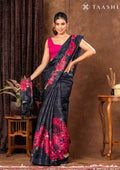 Black Checks And Bold Floral Printed Satin Saree - Taashi