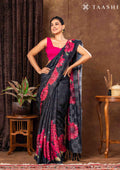 Black Checks And Bold Floral Printed Satin Saree - Taashi