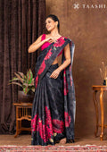 Black Checks And Bold Floral Printed Satin Saree - Taashi