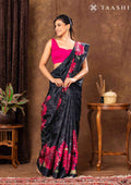 Black Checks And Bold Floral Printed Satin Saree - Taashi