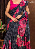 Black Checks And Bold Floral Printed Satin Saree - Taashi