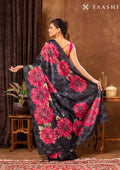 Black Checks And Bold Floral Printed Satin Saree - Taashi