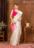 Cream And Pink Muticolor Watercolor Floral Organza Saree - Taashi
