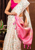 Cream And Pink Muticolor Watercolor Floral Organza Saree - Taashi